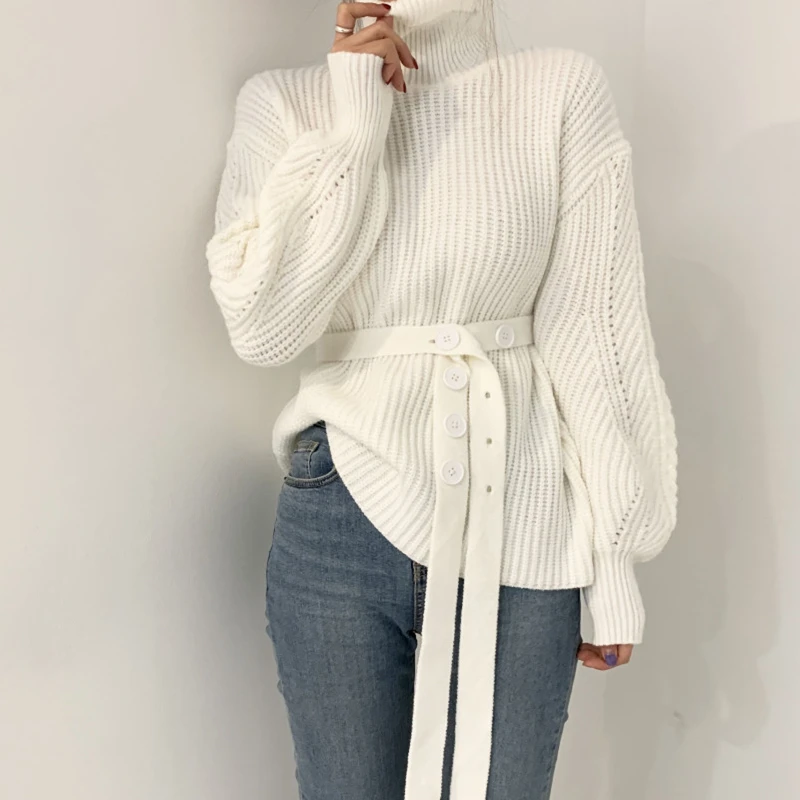 Женская винтажная одежда красный вязаный свитер с высоким воротником и длинными