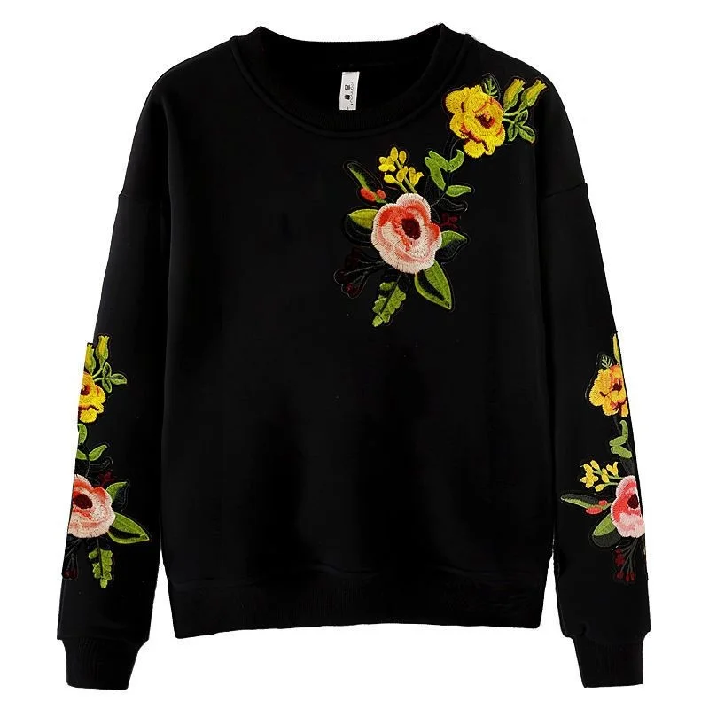 

95 Cotton Spring Autumn Clothes New Korean Style Embroidered Flower Pullover O Neck Loose Tops Hoodies Women Sweatshirt