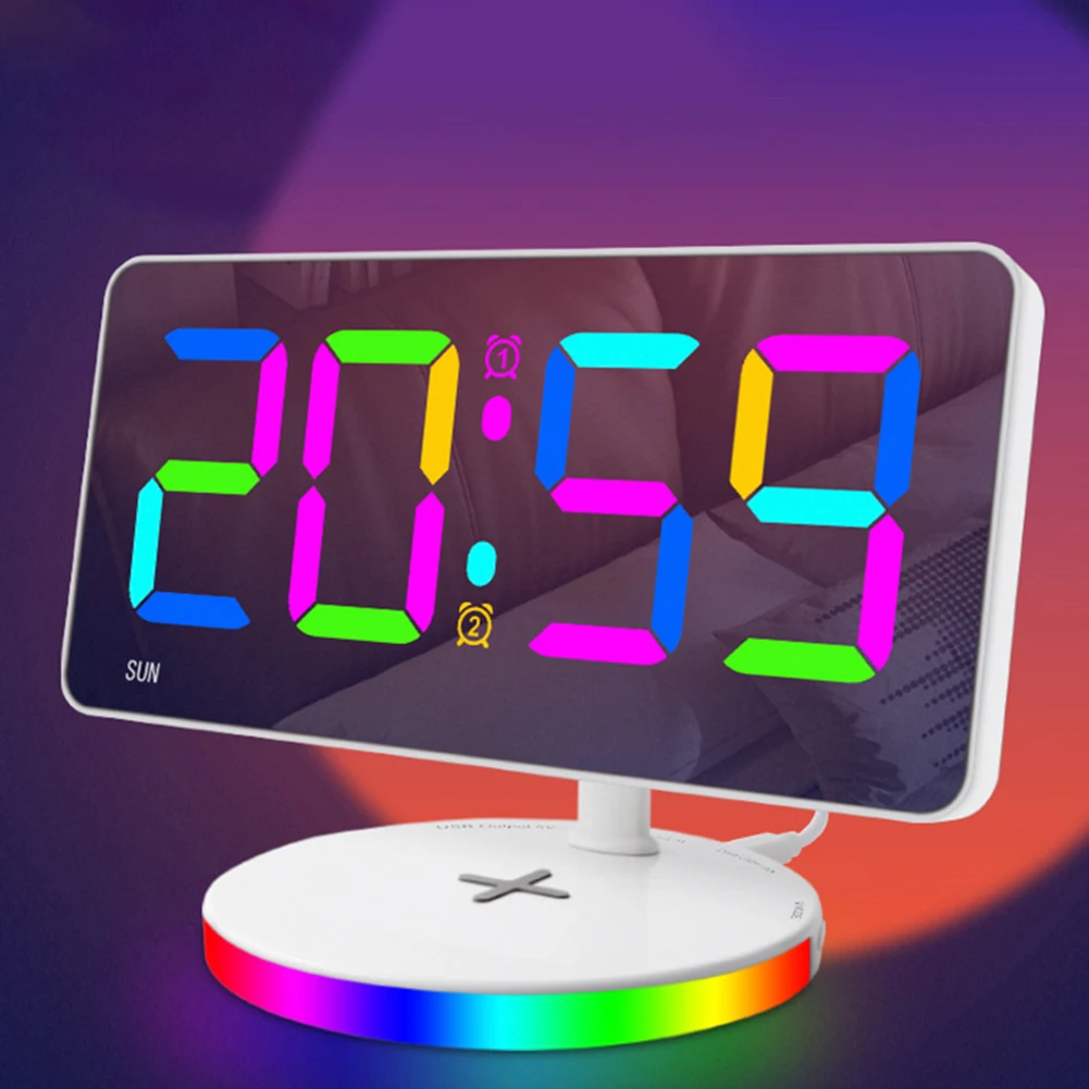 Светодиодный цифровой будильник с красочным RGB-ночником зеркальный беспроводной