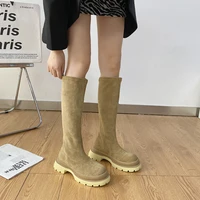khaki knee boots womens new long elastic boots in autumn and winter 2021 leather non slip round toe flat platform ladies boots