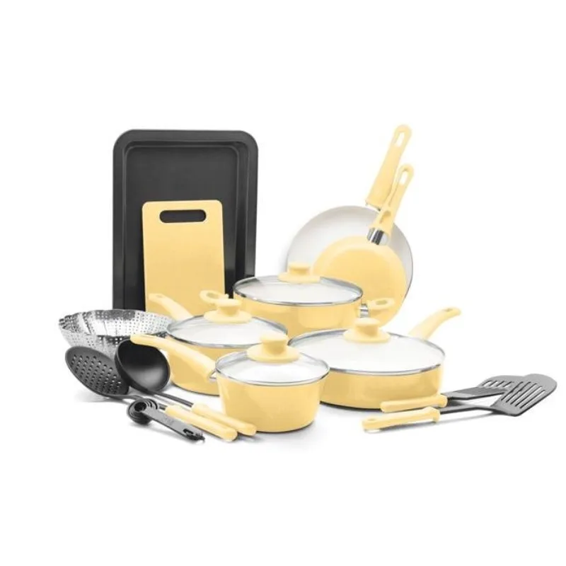 

GreenLife 18-Piece Soft Grip Toxin-Free Healthy Ceramic Non-Stick Cookware Set, Yellow, Dishwasher Safe