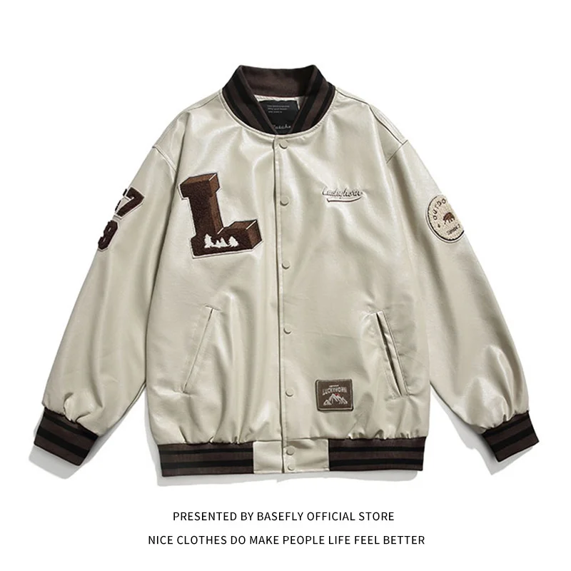 

F1 Letter Leather PU Motorcycle L Embroidery Racing Stadium Award Men Varsity Jacket Unisex Women Baseball Bomber Coat Street