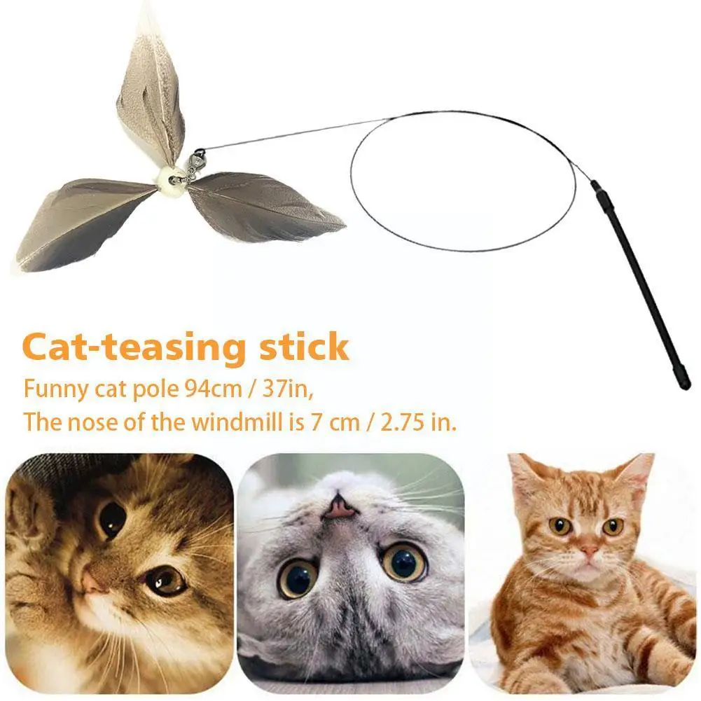 

Cat Toys Black Long Rod Steel Wire Bell Handheld Cat Supplies Feather Cat Windmill Stick Cat Interactive H9L5