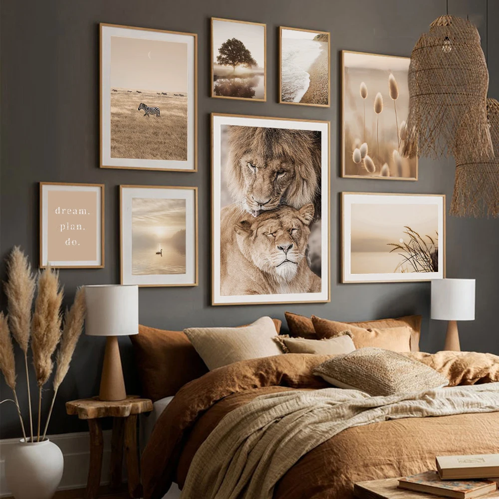 

Nature Landscape Poster and Print Lion Misty Foggy Spring Sunrise Scenery Canvas Painting Beige Wall Art For Home Decor Picture