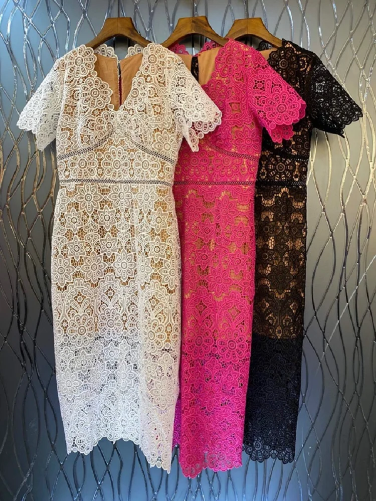 

Novia Party Long Women Dresses 2023 Spring Summer Women V-Neck Allover Crochet Lace Embroidery Short Sleeve Bodycon Dress Festa