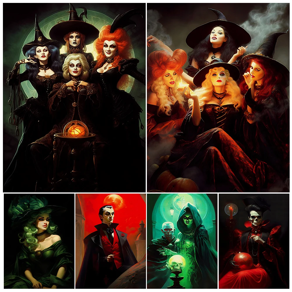 

Autumn Witches Dark Witchcraft Gothic Vintage Wall Art Canvas Print Victorian Dracula Portrait And Wicked Witch Art Poster Print