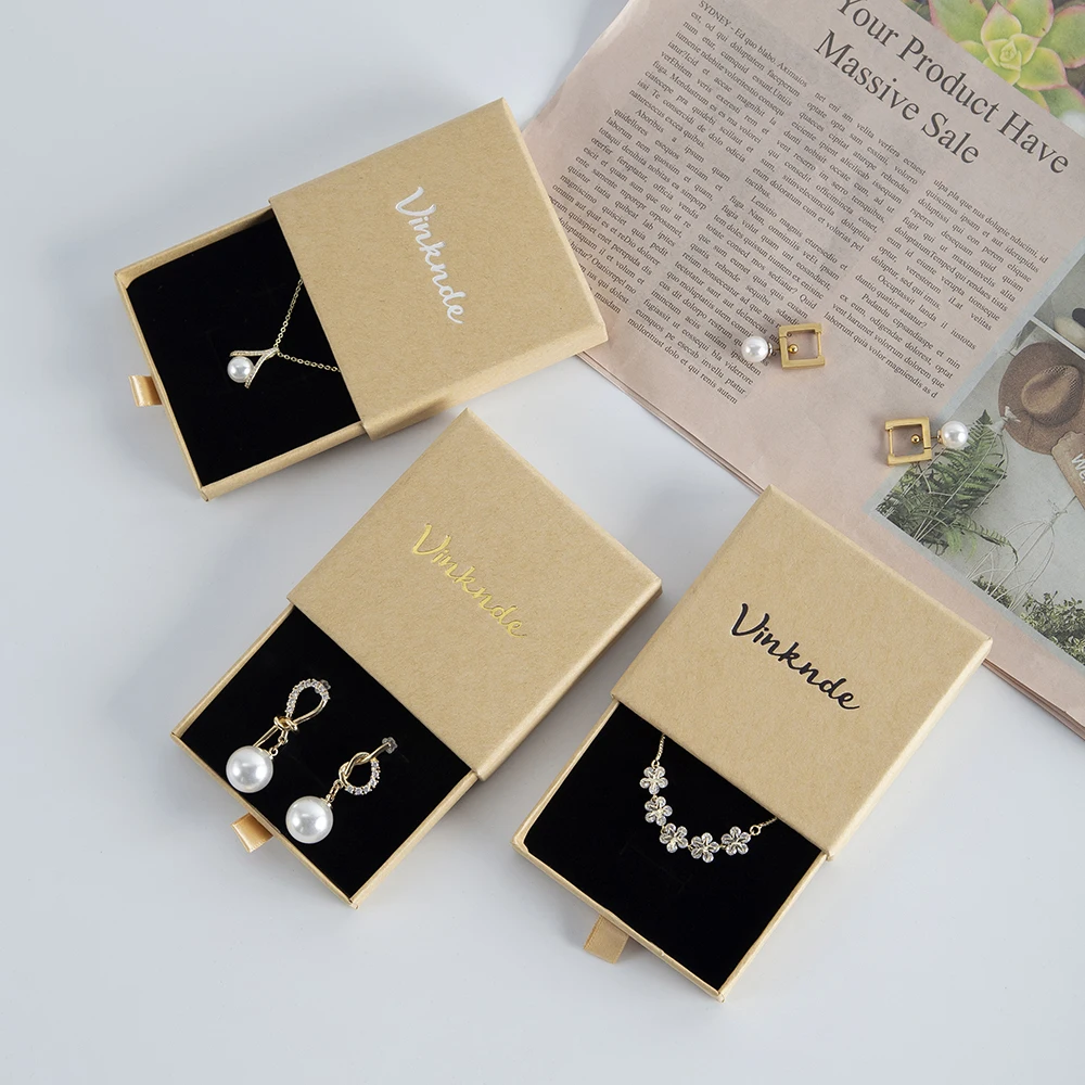 Custom Brown Kraft Paper Small Square Luxury Jewelry Sliding Drawer Boxes With Logo 7x7x1.7 For Earrings Necklace Ring Packaging