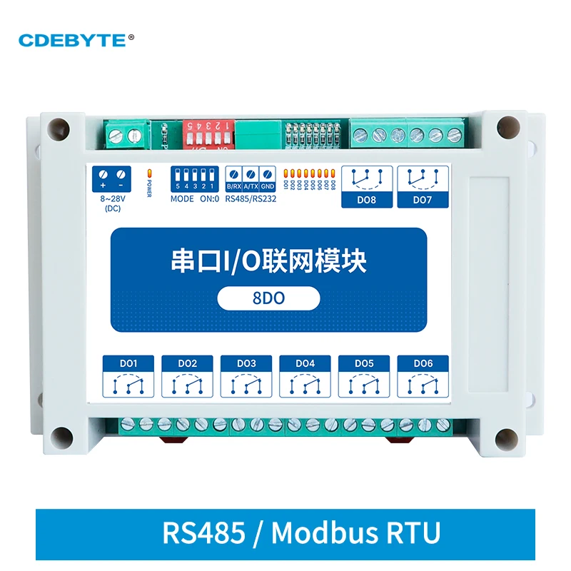 

Модуль ввода-вывода Modbus RTU, сетевые модули, последовательный порт RS485, интерфейс 8DO CDEBYTE, рандомная установка, 8 ~ 28VDC IoT