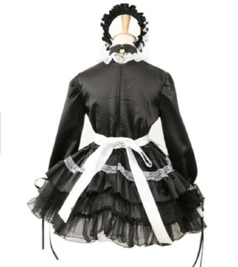 Черное атласное платье запираемый французский фартук рабочее косплей