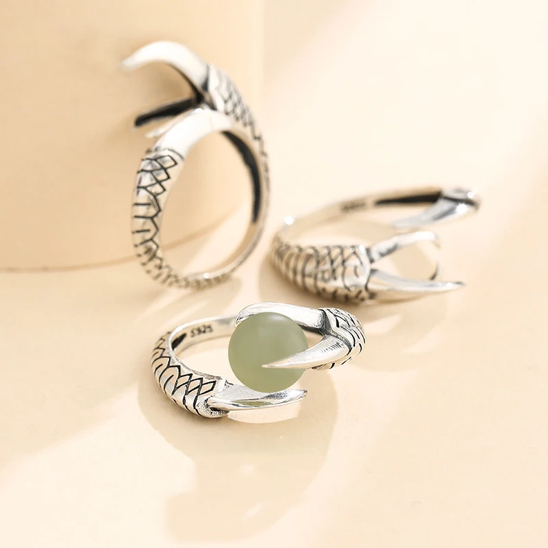 S925 Sterling Silver Vintage Adjustable Dragon Claw Eagle Claw Blank Ring Base For 8mm Cabochons Cameo Jewelry Making Accessorie