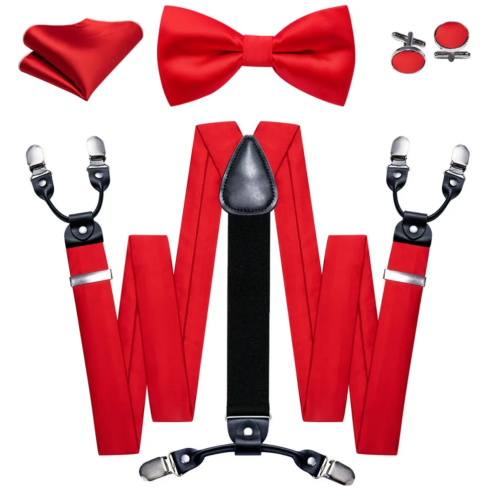 

New Red Suspenders For Men With Pocket Square Cufflinks Sets Exquisite Silk Solid 6 Clips Adjustable Wedding Party Barry.Wang