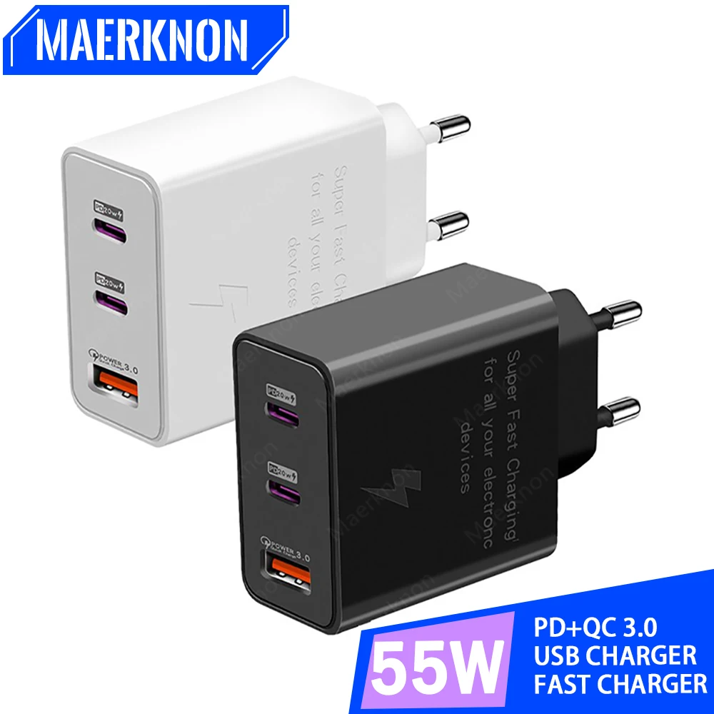 

55W USB C Charger 3 Ports PD Type C Fast Charging Wall Charger For iPhone 14 13 Xiaomi Samsung Huawei USB C Phone Charge Adapter
