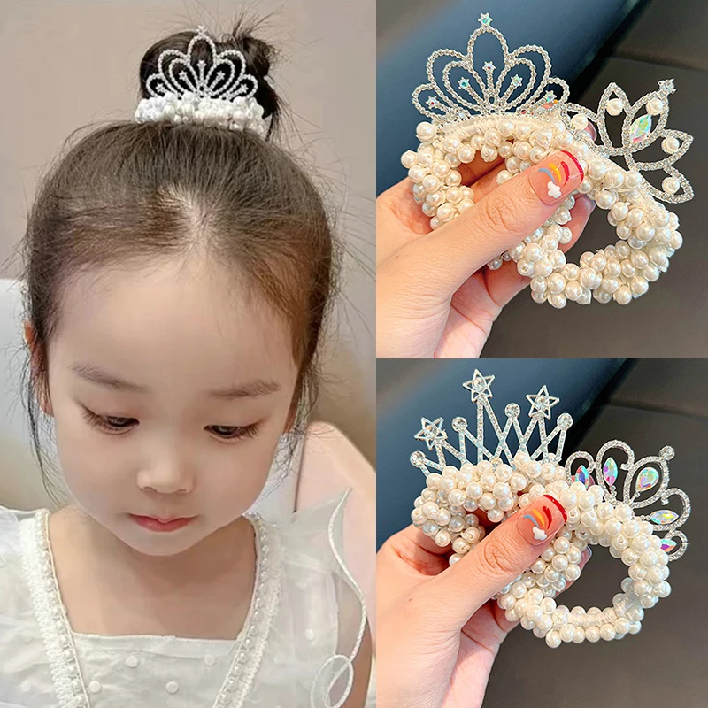 

Fashion Pearl Crown Princess Hair Bands Elastic Rubber Bands Children Ball Hair Bun Ties Hair Styling Accessories Headdress