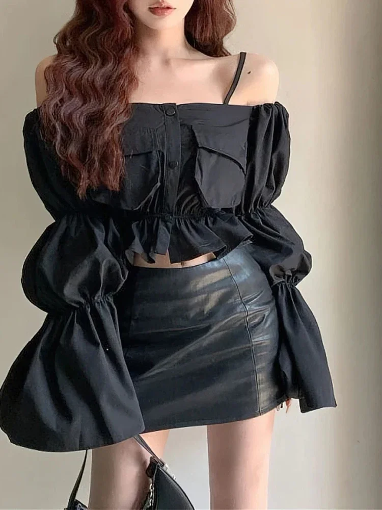 Женская блузка с открытыми плечами однотонная короткая рубашка квадратным