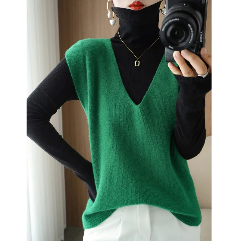 Autumn Winter Fashion Vest Ladies Knitted Cashmere Sweater Women Sleeveless V-Neck Pullover Korean Female Vest Loose Soft Tops images - 6