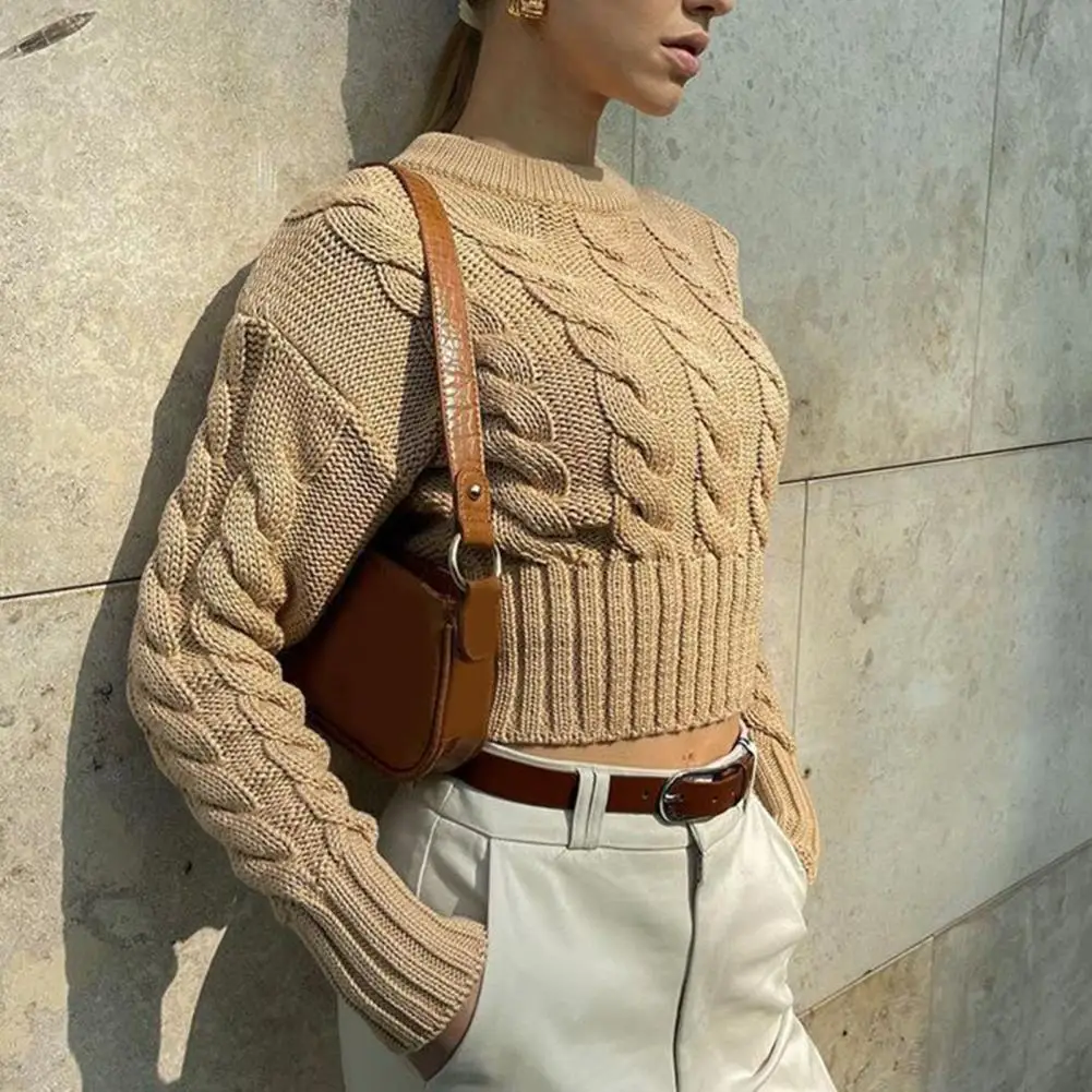 

Women Sweater Jumper O-Neck Long Sleeves Solid Color Twist Knitwear Autumn Winter Solid Color Cropped Sweater Female Clothing