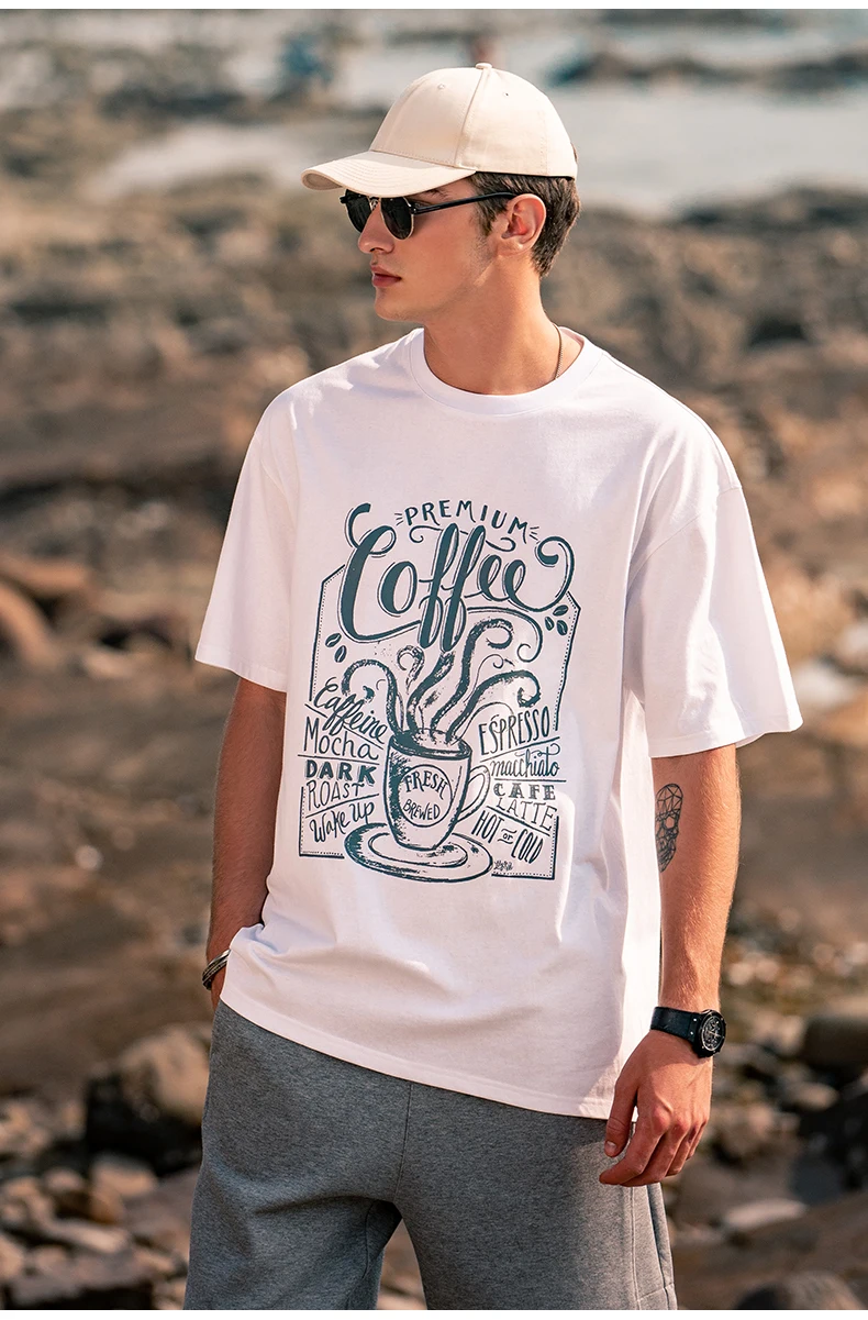 

8038 Men's Hong Kong Fashion Brand Loose Ins Coffee Theme Printed Round Neck Short Sleeve T-Shirt