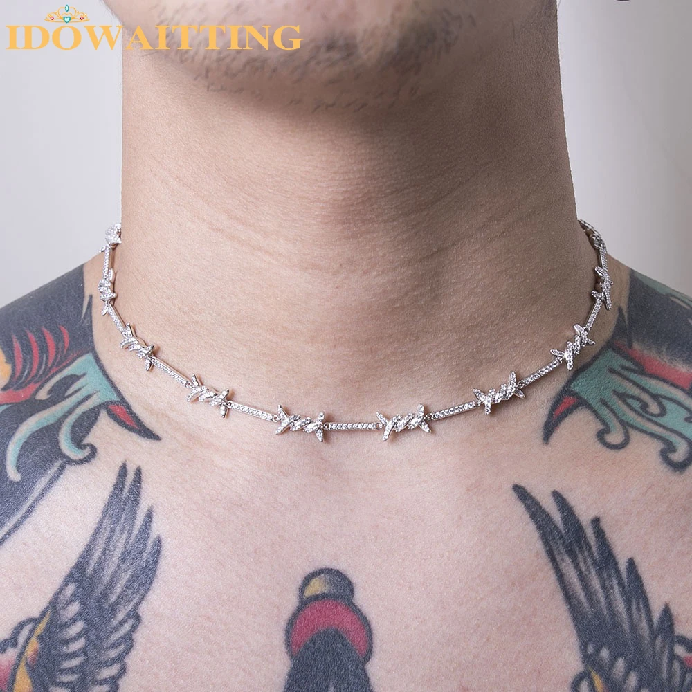 

2023 New Iced Out Bling 5A Cubic Zirconia CZ Barbed Wire Bar Charm Llink Chain Hip Hop Men Boy Choker Necklace Jewelry