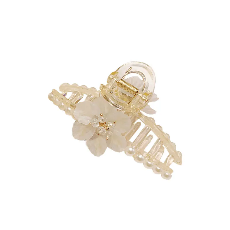

Exquisite Beautiful Resin White Flower White Simulated Pearl Beads Sweet Crystals Shell Hair Claws Headwear For Girls Women