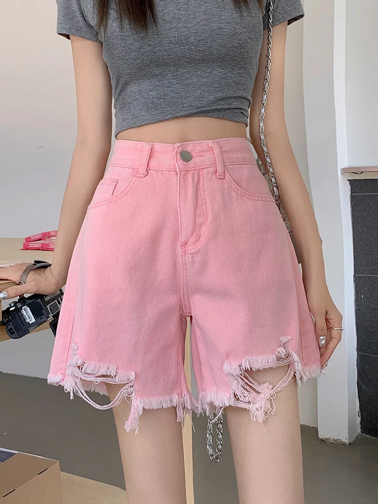Streetwear Women High Waist Loose Hole Frayed Raw Hem Denim Shorts Spring Summer Female Wide Leg Jeans Shorts Bottoms