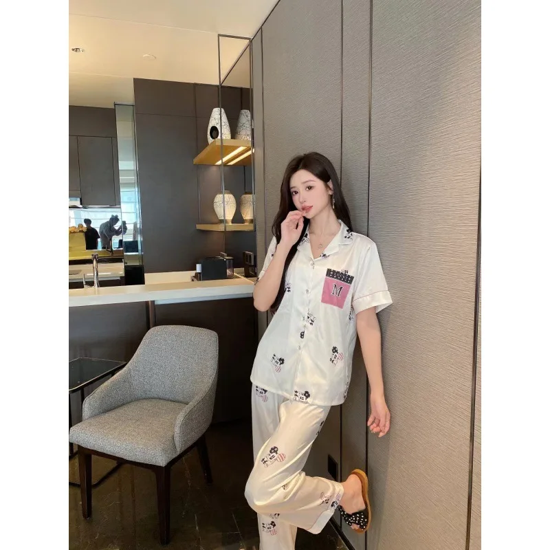 2023 Summer New Ice Silk Pajamas Women's Suit Cartoon Rats Short Sleeve Trousers Suit Homewear