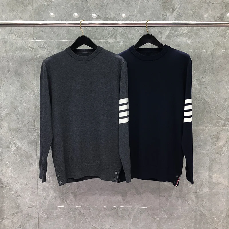 

THOM TB Sweater Men’s Autunm Winter Sweaters Fashion Brand Classic Tops High Quality 4-Bar White Stripe Crew Neck Pullover Coat