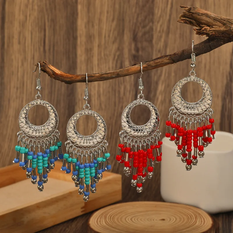 

Retro Ethnic Round Beads Tassel Drop Earrings Natural Resin Bohemian Travel Accessories for Women Summer Beach Ear Jewelry