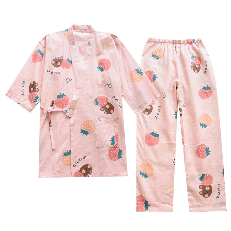 

Gauze Three-quarter Sleeve Kimono Pajama Set Pure Cotton Women Spring Autumn Thin Pajamas Japanese Cartoon Strawberry Home Suit
