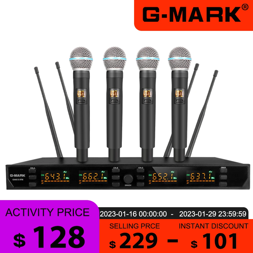 

Wireless Microphone G-MARK G440XFM 4-Channel Handheld Dynamic Home Karaoke Party Stage Church Wedding