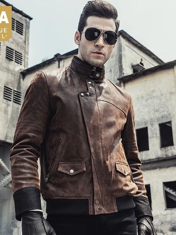 

Мужская осенне-зимняя мотоциклетная куртка из свиной кожи с воротником-стойкой