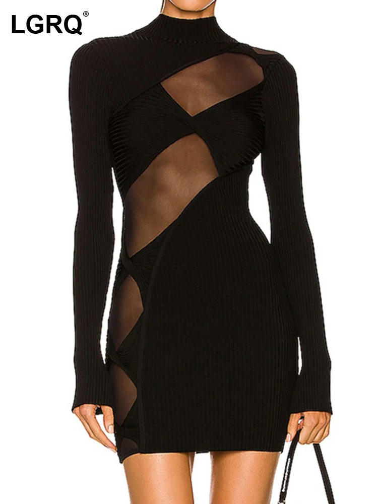 

LGRQ Fashion Sexy Dresses For Women New Solid O-neck Long Sleeve Slim Gauze Bandage Mini Party Dress Female Spring 2023 19J3495