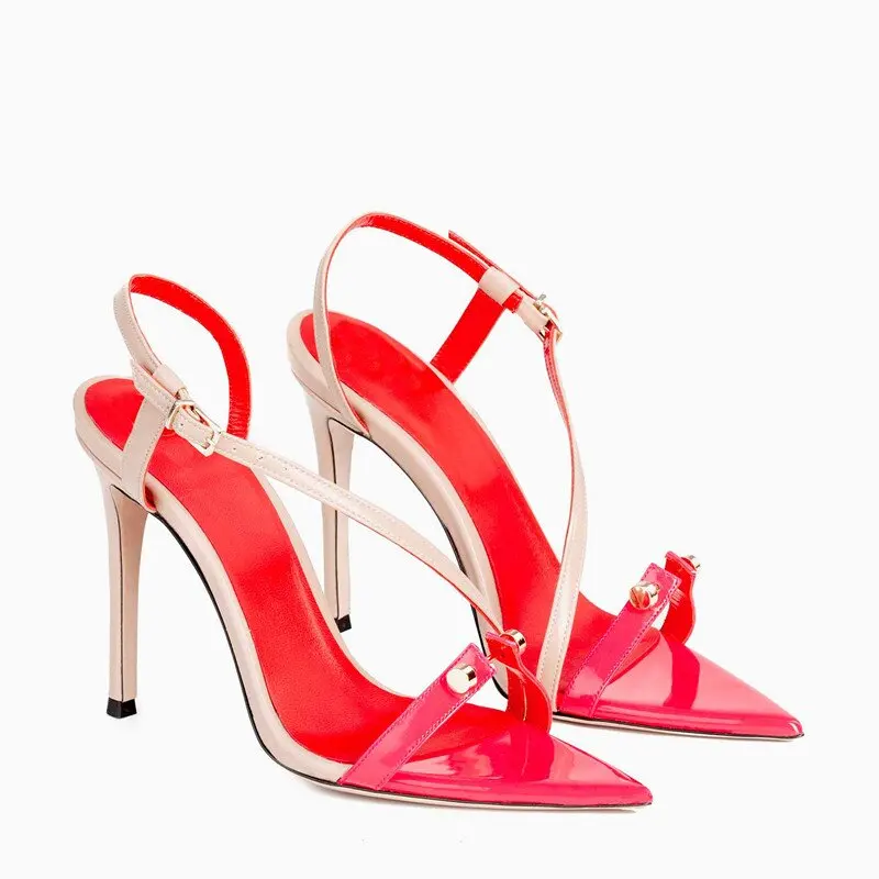 

Босоножки женские из лакированной кожи, заостренный носок, цветная обвязка, тонкий высокий каблук, вечернее платье, универсальная большая ж...
