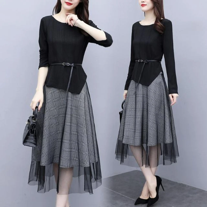 

Woman Vantage Knitted Fashion Two Piece Set Female Autumn Long Sleeve Cardigan Tops and Mesh Skirts Ladies Elegant Suit G516