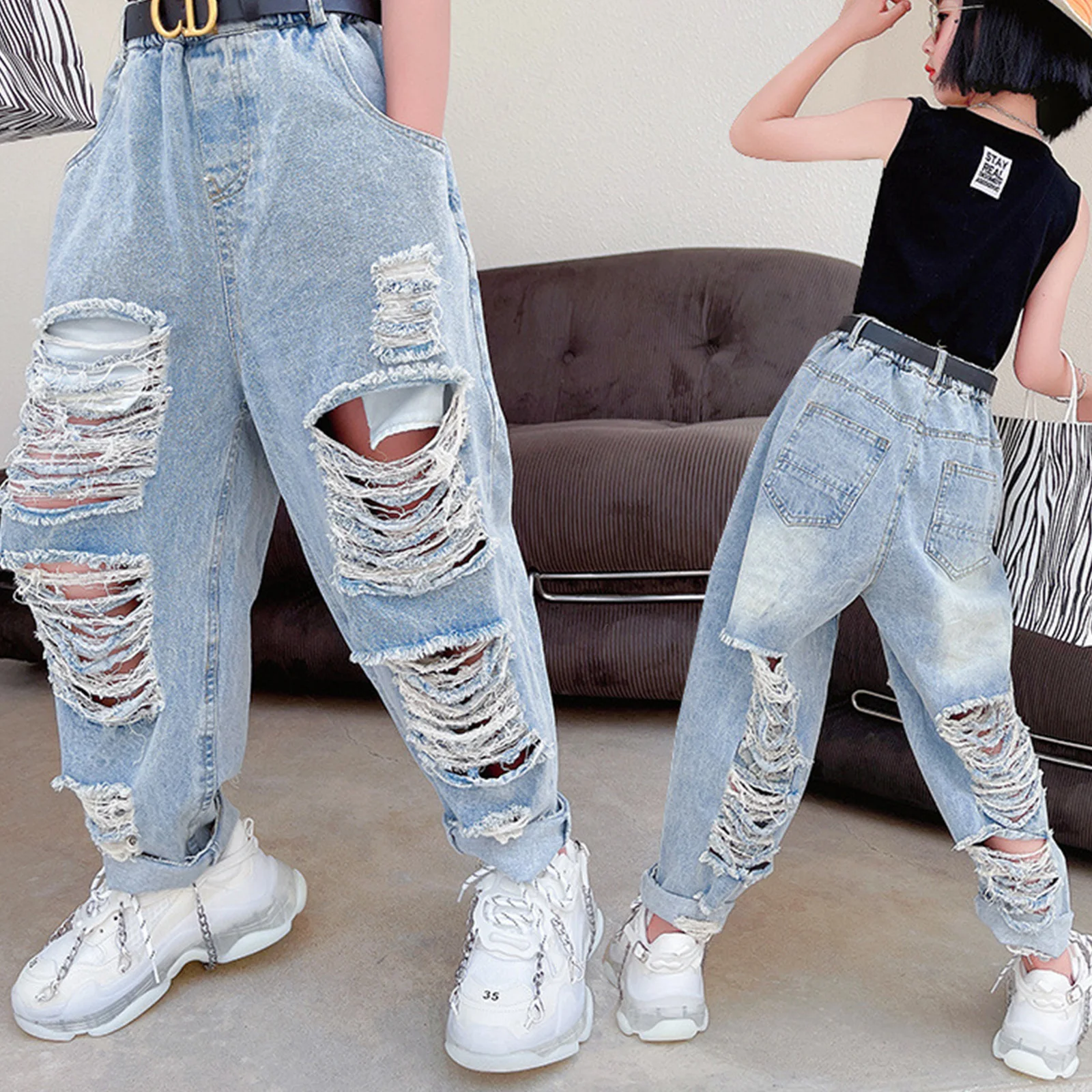 Kids Denim Ripped Trousers Children's Clothing Korean Fashion High Waist Jeans Slim Color Hole Ripped Pants for Teen Girls 5-14Y