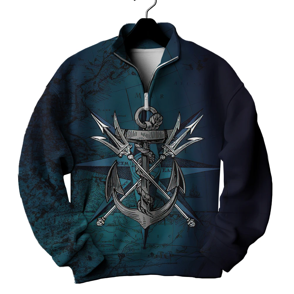 

New Vintage Men‘S Zip Hooded 3d Nautical Print Long Sleeve Sweatshirt For Men Loose Oversized Clothing Fashion Casual Autumn Top
