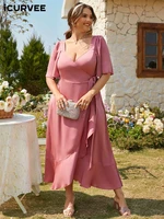 icurvee plus size wedding dress women summer short sleeve ruffled v neck maxi long vestidos sexy elegant pink casual solid robe