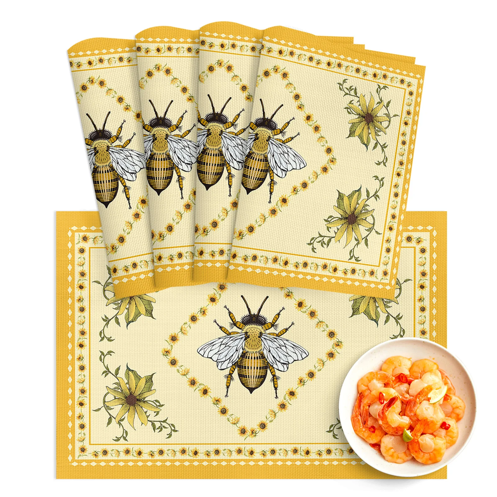 

4/6Pcs Table Mat Idyllic Sunflower Bee Bowl Pad Coaster Set PVC Dining Table Placemats Home Decoration Kitchen Accessories