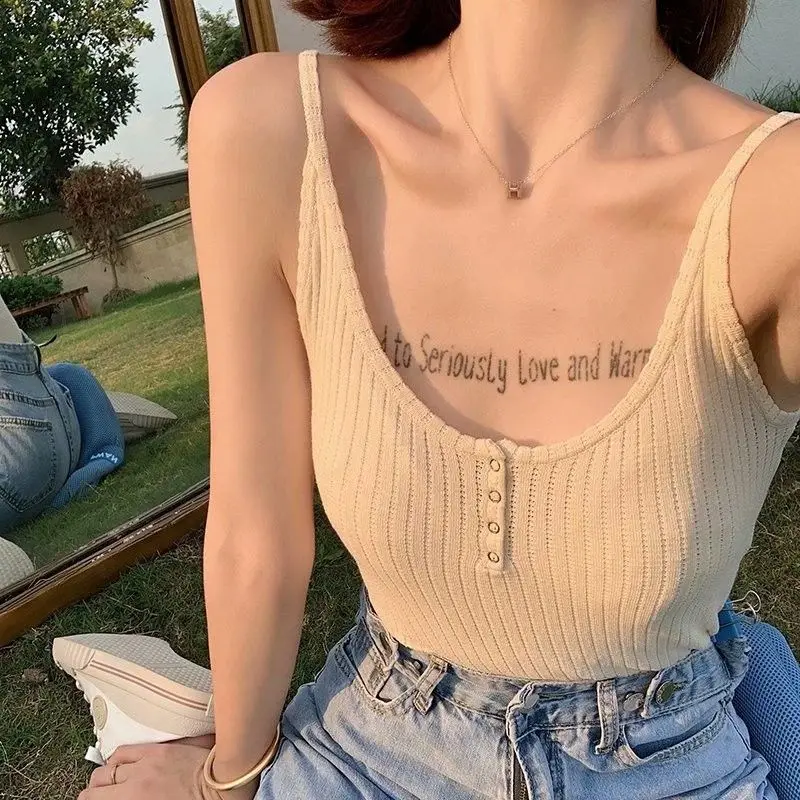 

New Stylish Five Colos Sexy Sleeveless Cropped Camisole 2021 Summer Womens Skinny Knit Camis Ladies All-Match Camisole Button