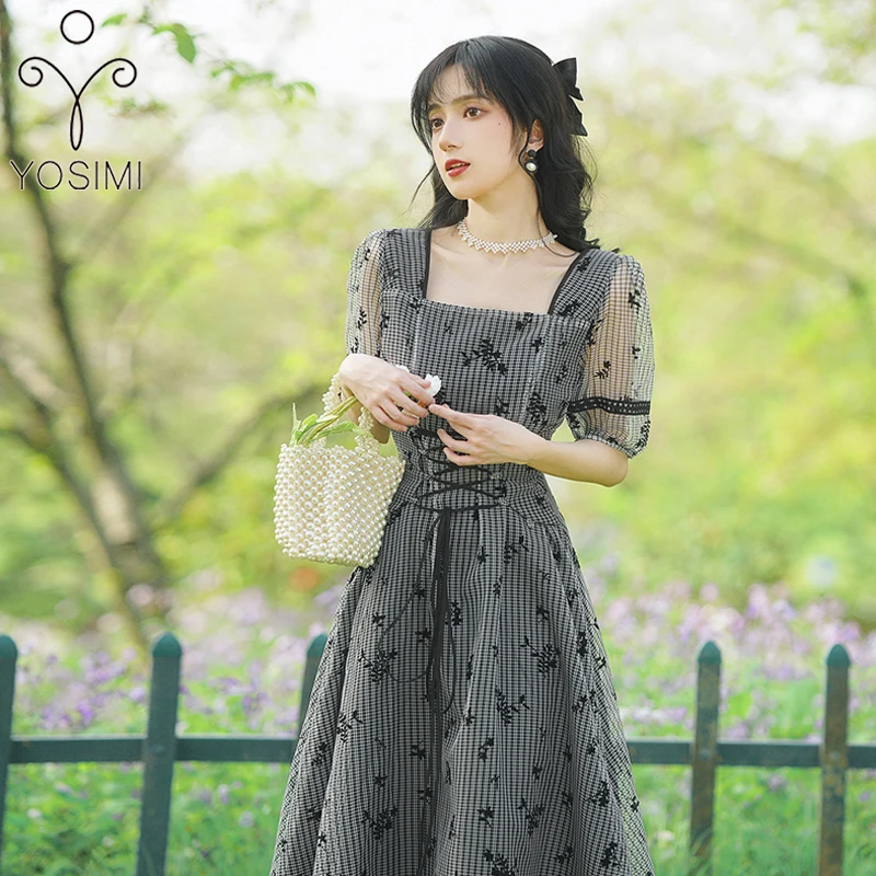 

YOSIMI Evening Party Dress 2023 Summer Vintage Floral Embroidery Short Sleeve Square Collar Mid-calf Long Women Black Dresses