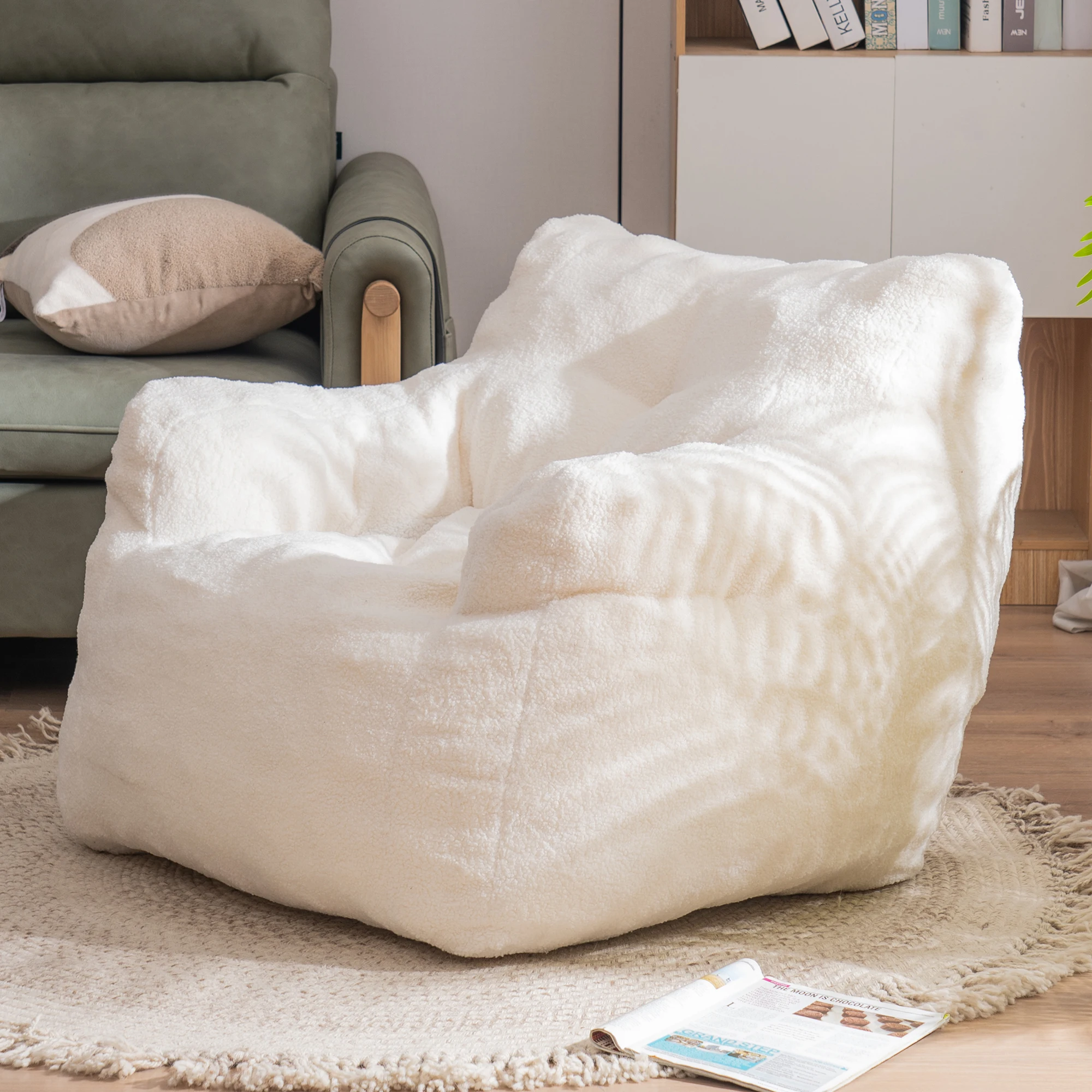 

Single Sofa Reading Soft Tufted Foam Bean Bag Chair With Teddy Fabric Ivory Lazy Sofa Cute Little Couch Tatami Puff Armchair