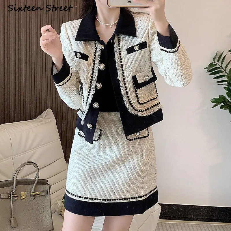 

2023 Elegant Tweed Jacket + Mini Skirts Women Single-breasted Vintage Luxury Skirt Sets Ladies Turn-down Wool 2 Piece Set Winter