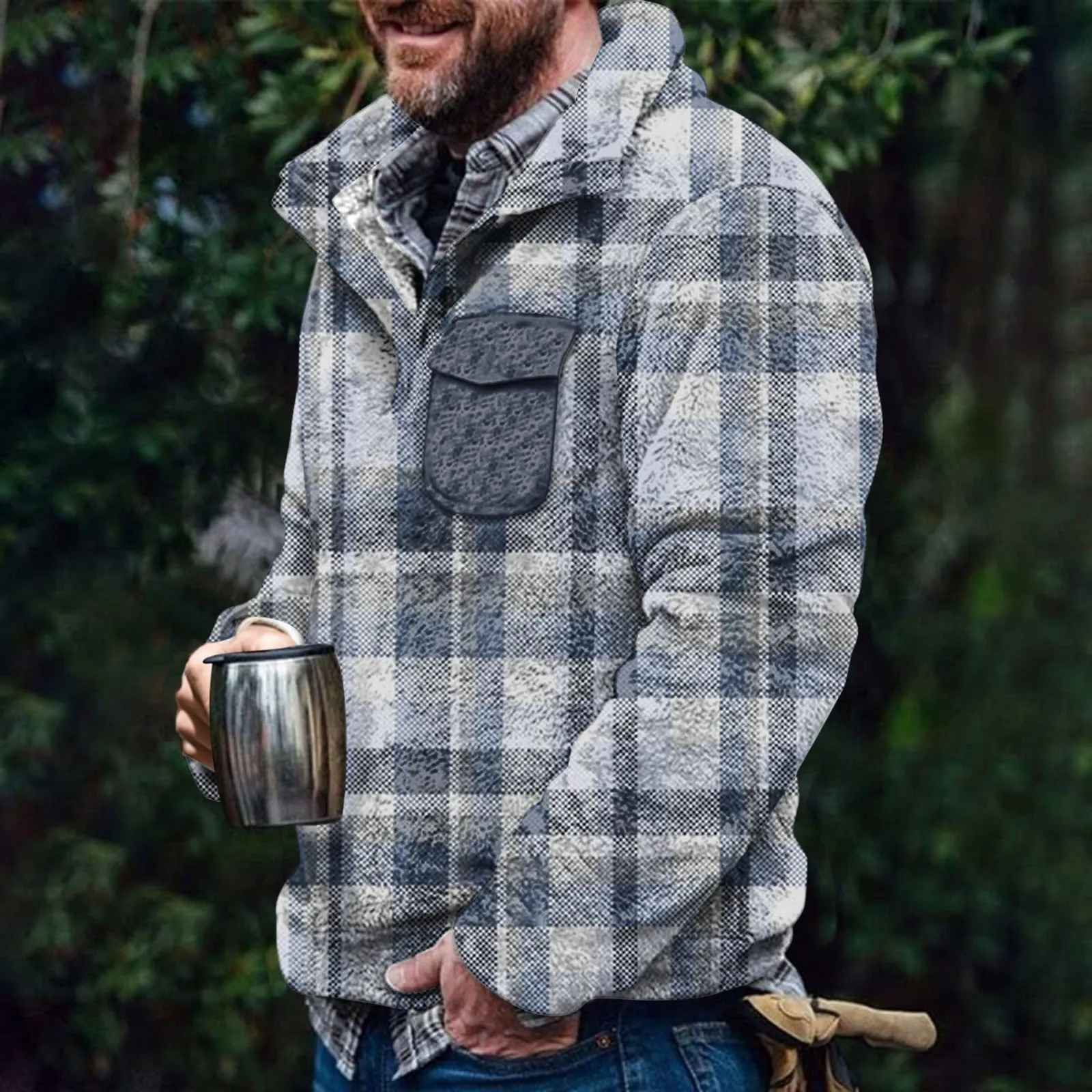 

Pocket Plaid Hoodies Vintage Ethnic Vintage Outerwear Fleece Winter Warm Jacket Coat Casual Ethnic Men'S Sweatshirt Sudaderas