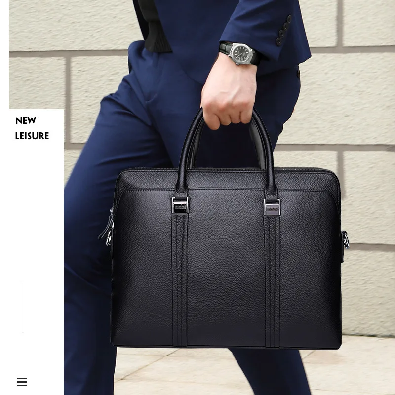 Genuine Leather Simple Briefcase Men Business Handbag Cowhide Leather Shoulder Bag 14-Inch Laptop Bag For Male