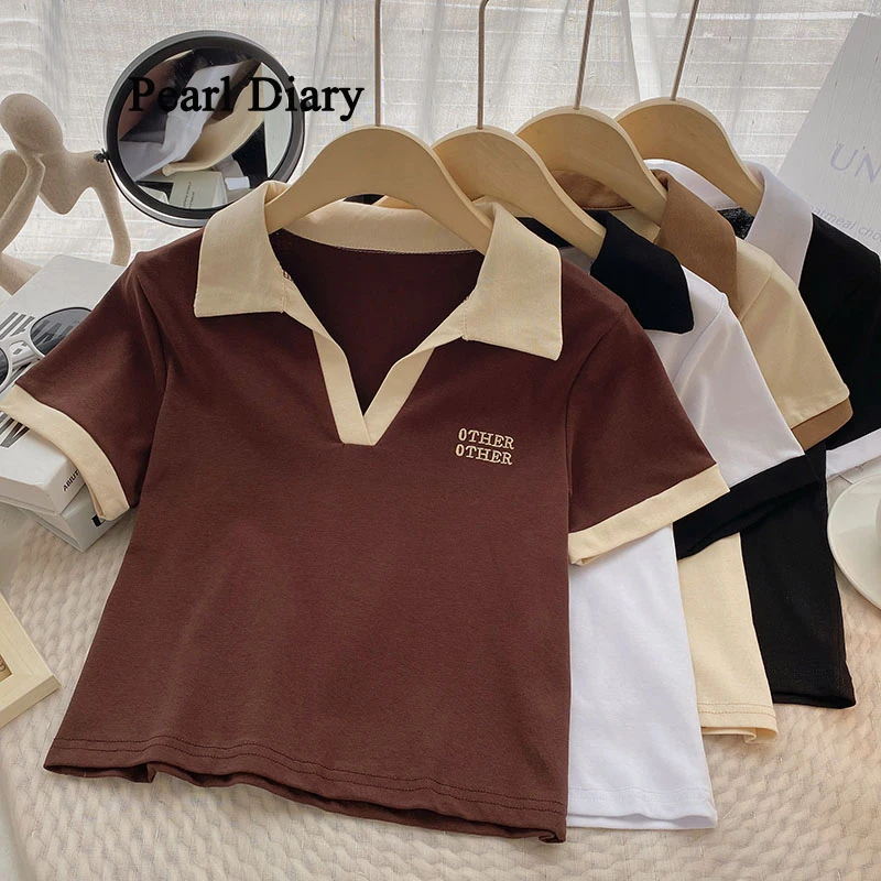 

Pearl Diary Assorted Colors Turndown Collar Short Sleeves Pullover T-Shirt Women Summer All-Match Y2k Tops Chic Polo Tops Women