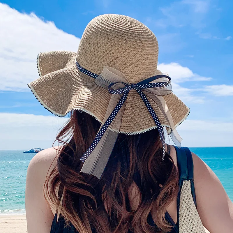 

Женская соломенная шляпа COKK, летняя соломенная шляпа с большим козырьком, модная пляжная Корейская Солнцезащитная шляпа с бантом из ленты, Солнцезащитная шляпа в горошек, Новинка