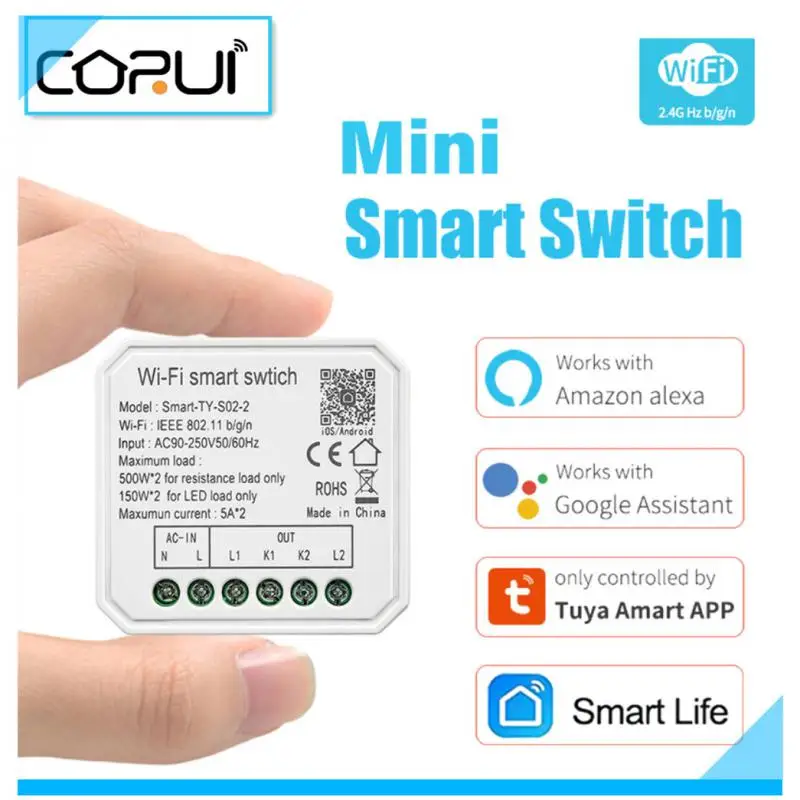 

CORUI Tuya MINI Wifi Switch DIY 1/2Gang Wireless Remote Control Timer Switches Smart Life Work With Alexa Google Home