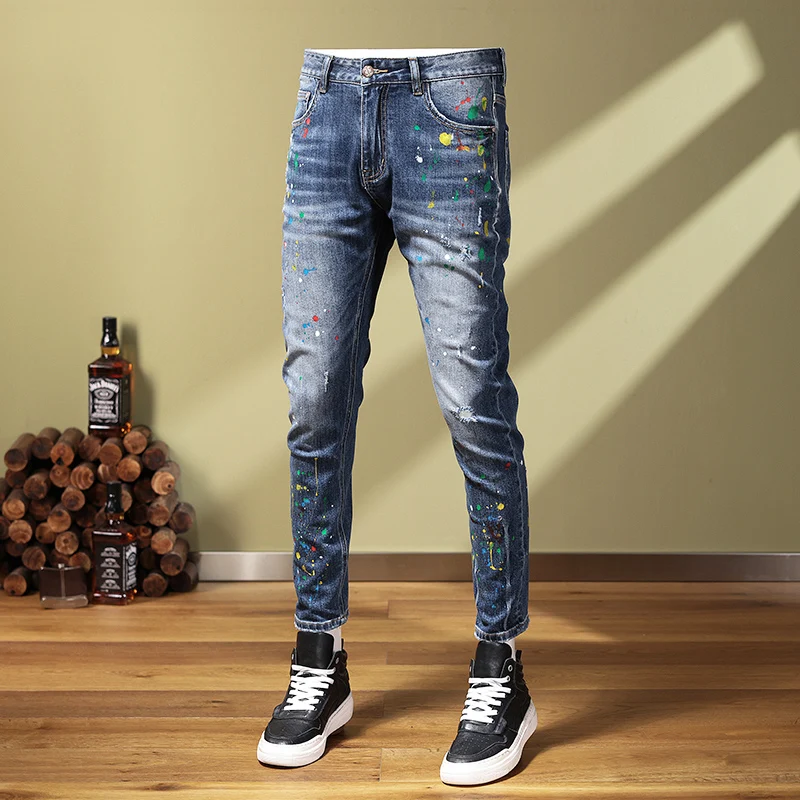 Streetwear Fashion Men Jeans Retro Blue Elastic Stretch Skinny Ripped Jeans Men Painted Designer Hip Hop Stretch Pants Hombre