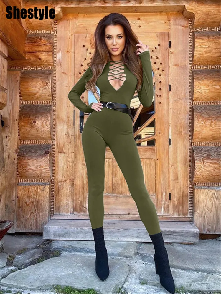 

Shestyle Black V Neck Tie Up Cross Hollow Out Pencil Skinny Shoulder Pads Long Sleeve Solid Sexy Jumpsuits Sportwear Workout
