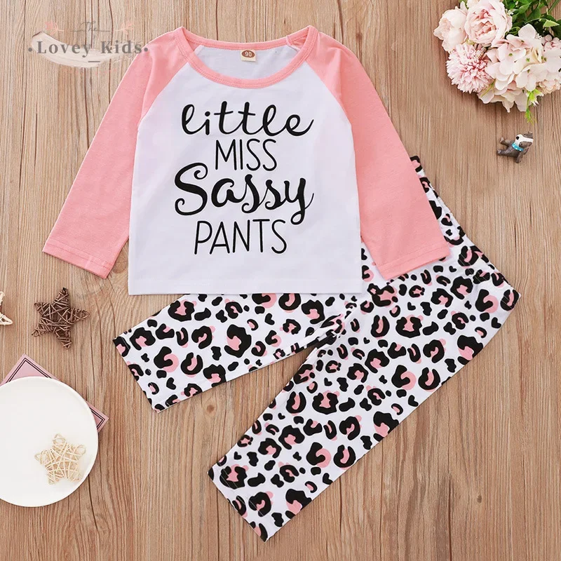 

Toddler Girl Fall Clothes 2020 Autumn Letter Print Long Sleeve Top Little Miss Sassy Pants Outfit 2PCS Leopard Pants Cotton Set
