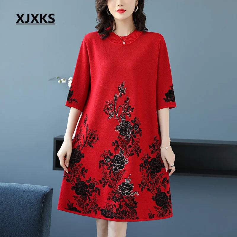 

Женский Длинный свитер XJXKS с круглым вырезом и рукавом средней длины, новинка сезона осень-зима 2022, Модный пуловер с принтом, женское вязаное платье